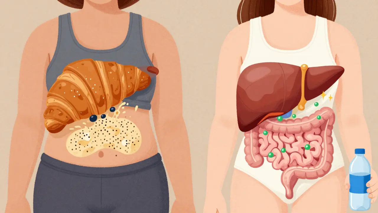 Person adopting healthy habits: swapping junk food for oatmeal, walking after meals, and drinking water, with visual progress showing liver fat decreasing over time.