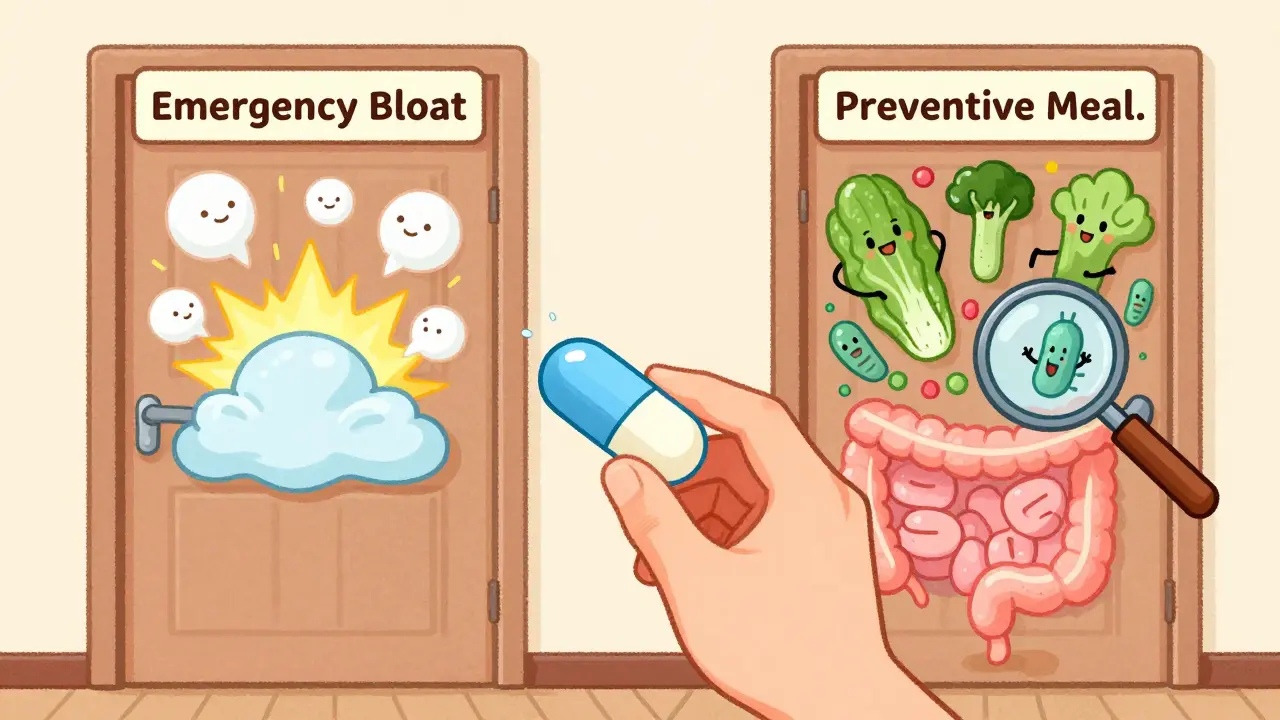Person holding combo pill between emergency and preventive doors, with gut bacteria waving goodbye.