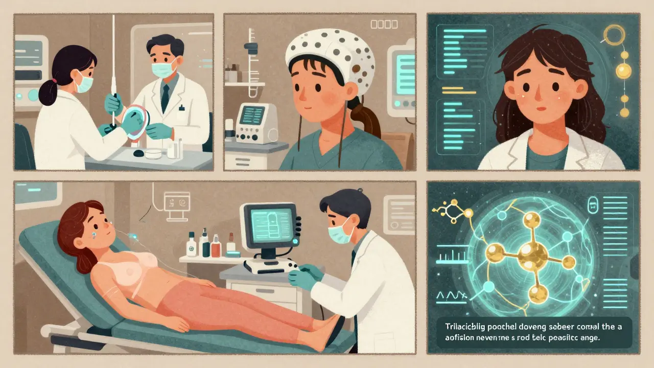 Personalized chemotherapy treatment scene showing scalp cooling, bone marrow protection, and targeted drug therapy in a lab setting.