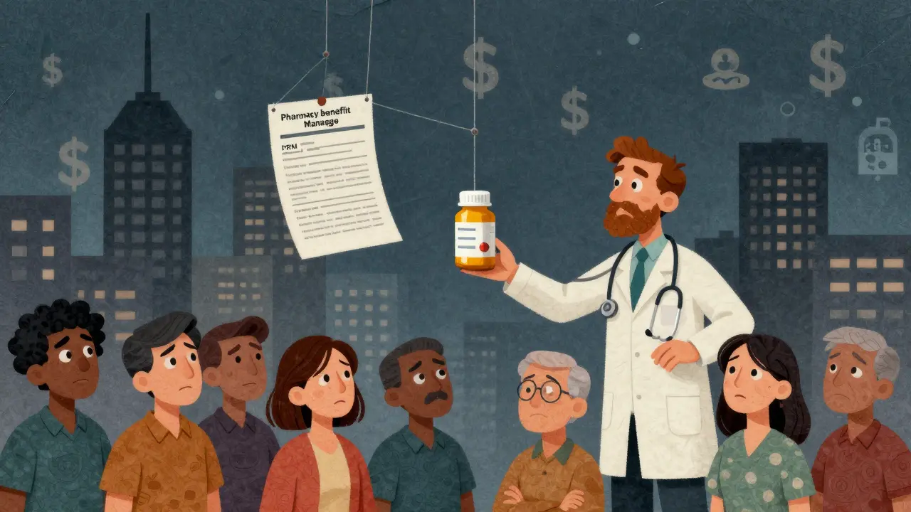 Puppeteer controlling insurance and drug system strings while patients look on with mixed emotions.