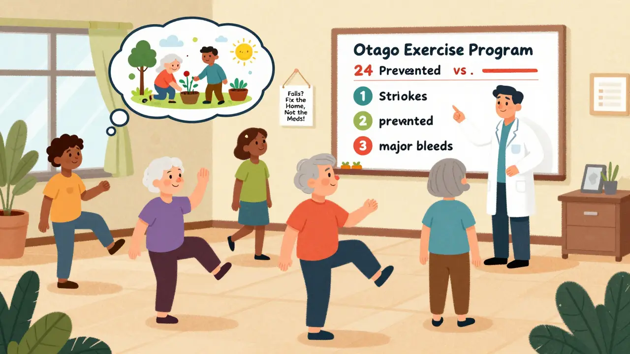 Seniors doing balance exercises while a chart shows net benefit of anticoagulant therapy.