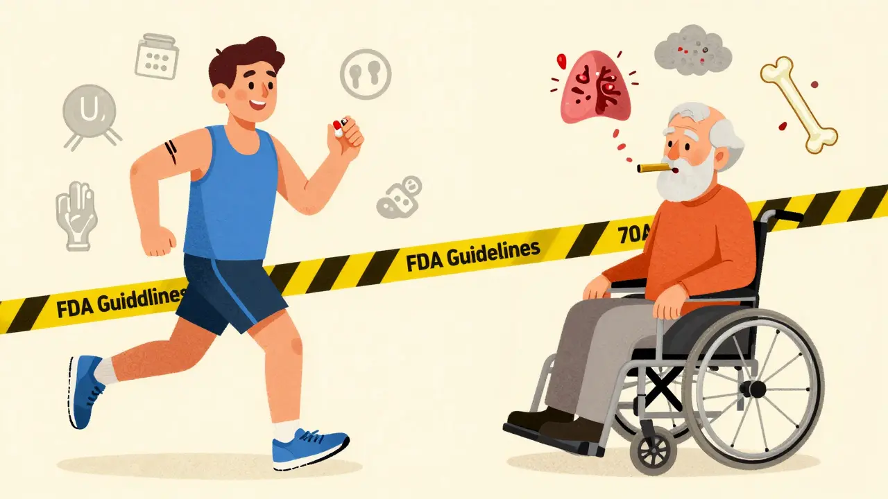 Split illustration: healthy young patient vs. at-risk older patient with medical warning symbols.