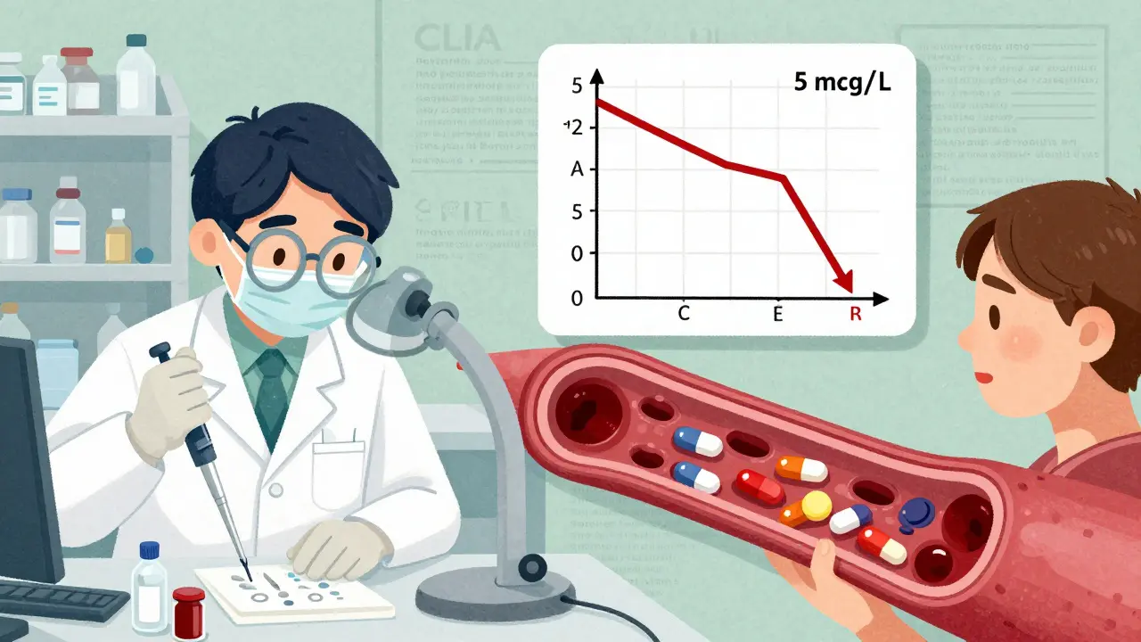 Split scene: lab technician testing drug levels while patient has seizure, critical vancomycin level below threshold.