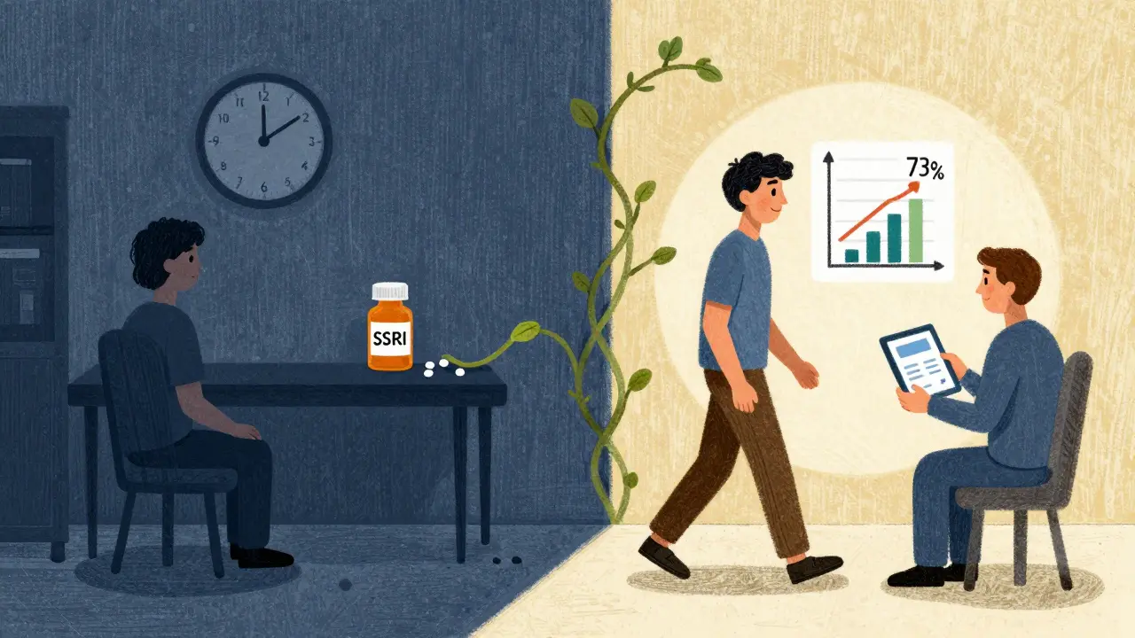 Split scene: left shows isolation with an SSRI pill; right shows hope with therapy and a cognitive app.