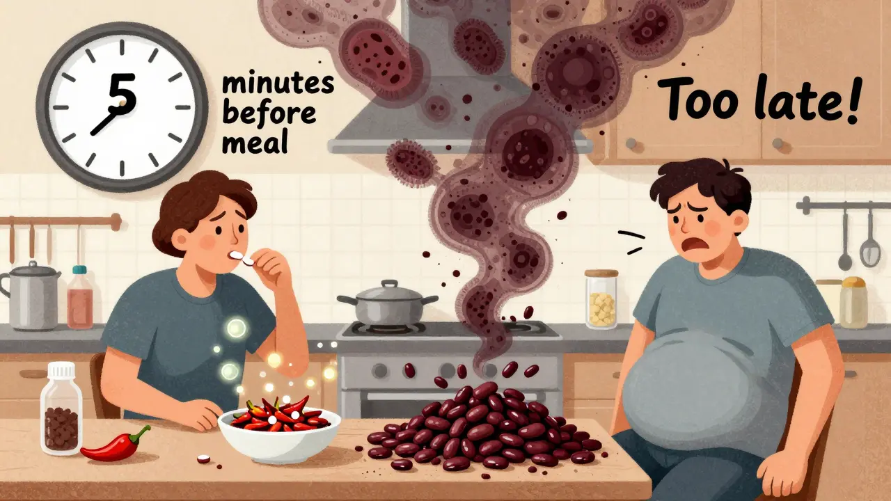 Split scene: person taking Beano before chili vs. bloated after skipping it, with enzyme molecules and bacteria.