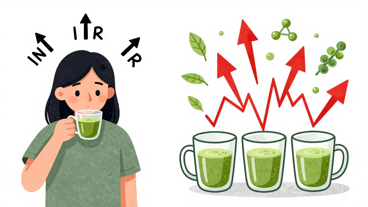 Split scene showing stable INR vs. plummeting INR from matcha consumption.