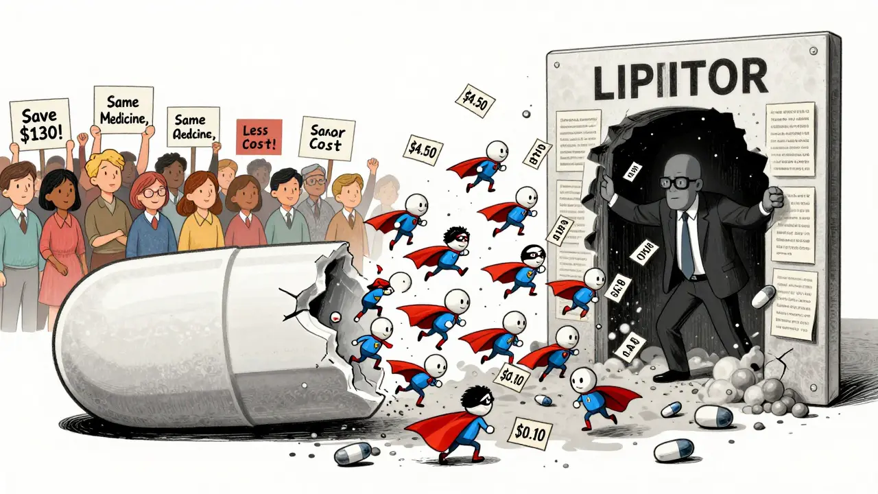 Tiny generic pills with capes emerging from a crumbling branded pill, prices dropping dramatically.