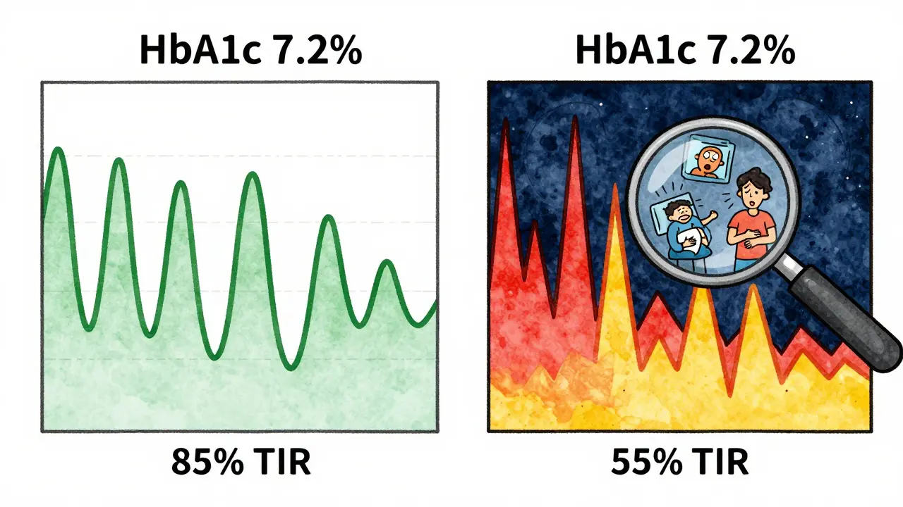 Two patients with same HbA1c but very different glucose patterns: one stable, one with wild spikes and drops.