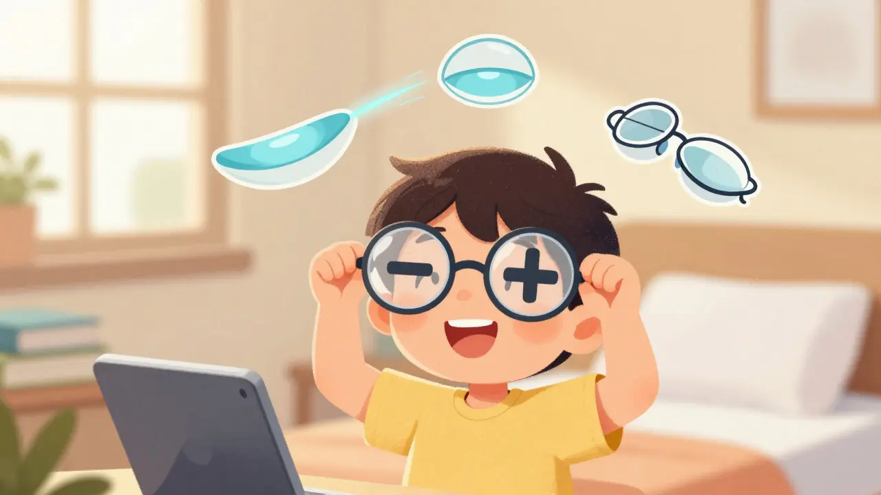 A child holding glasses with three types of corrective lenses, surrounded by icons of contact lenses and LASIK.