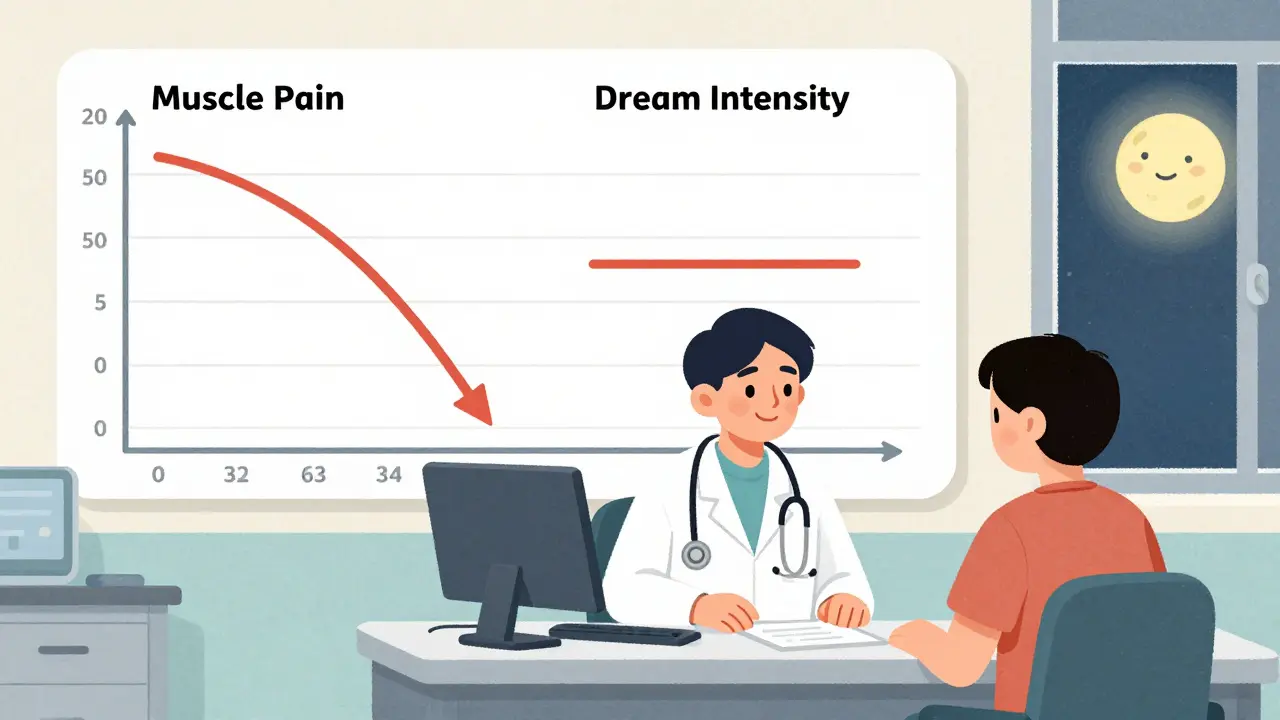A doctor and patient at a clinic with a sleep chart showing reduced muscle pain and stabilized dream intensity under a calm moon.