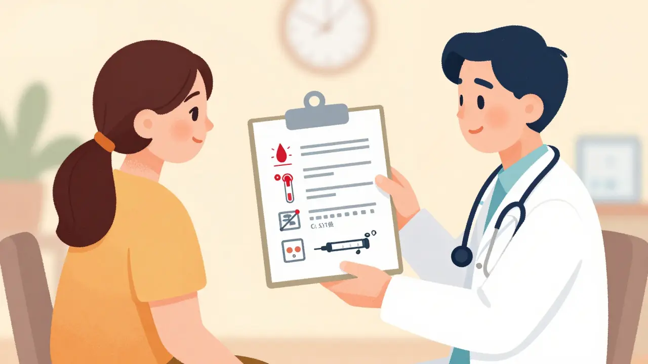 A doctor and patient reviewing a personalized treatment checklist with icons for monitoring, genetics, and long-acting injections.