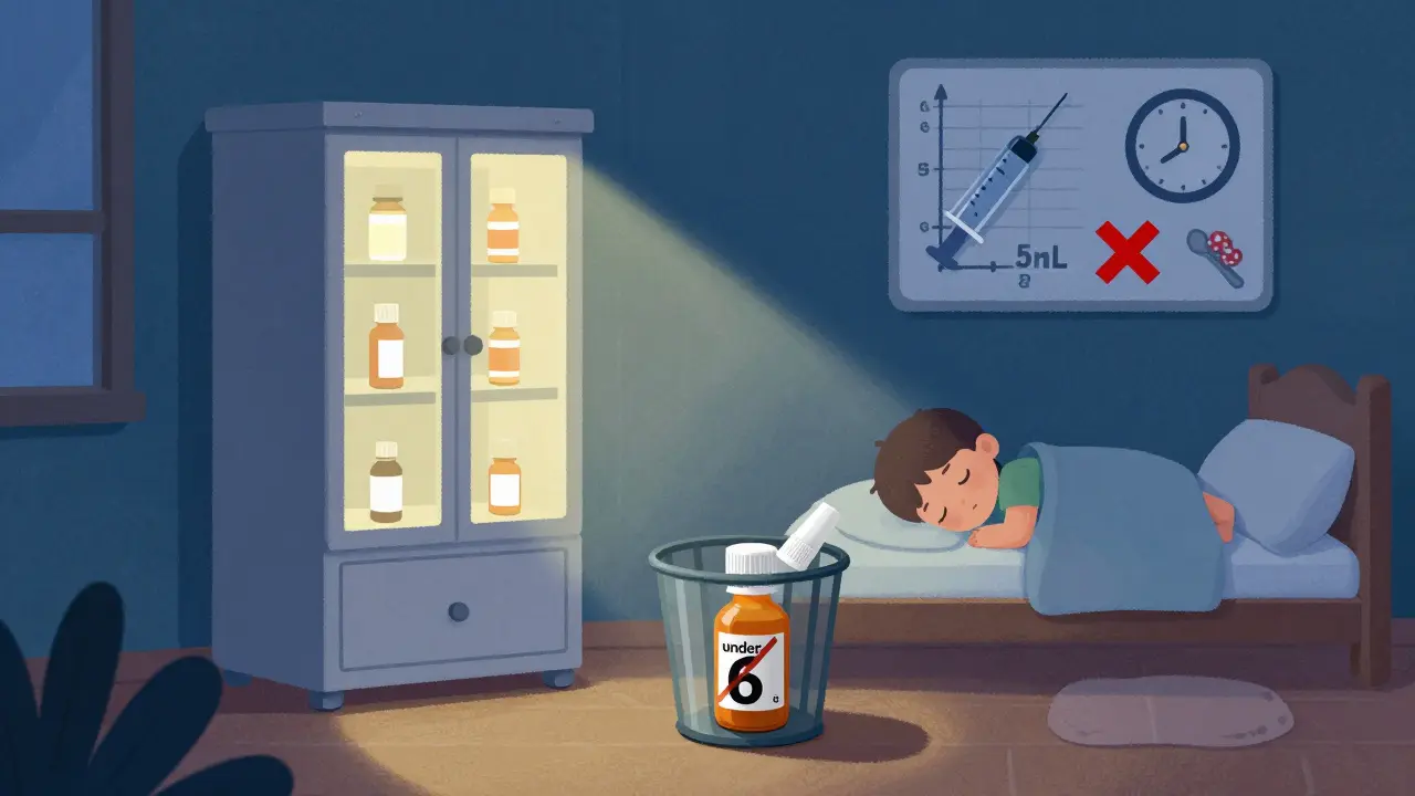 A locked medicine cabinet glowing in a dark bedroom, with pictogram instructions on the wall and a discarded cough medicine bottle in the trash.