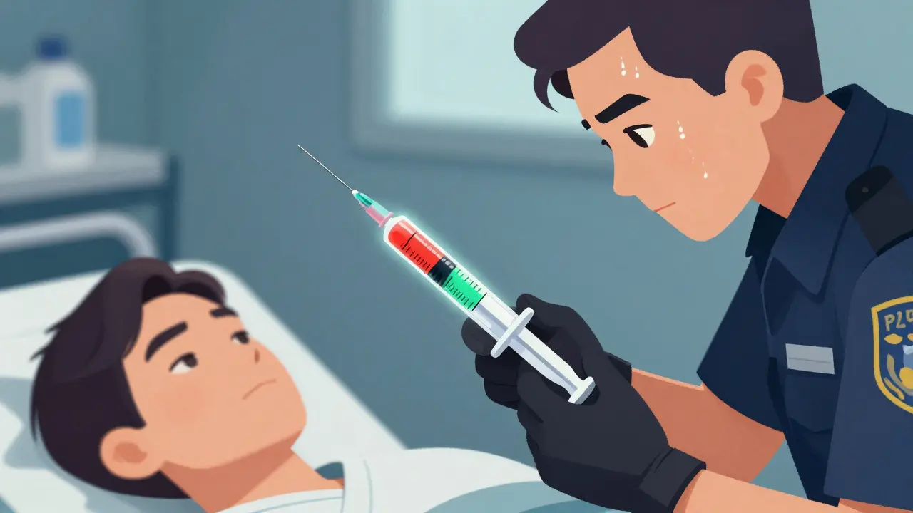 A paramedic administers epinephrine using a color-zone syringe during an emergency.