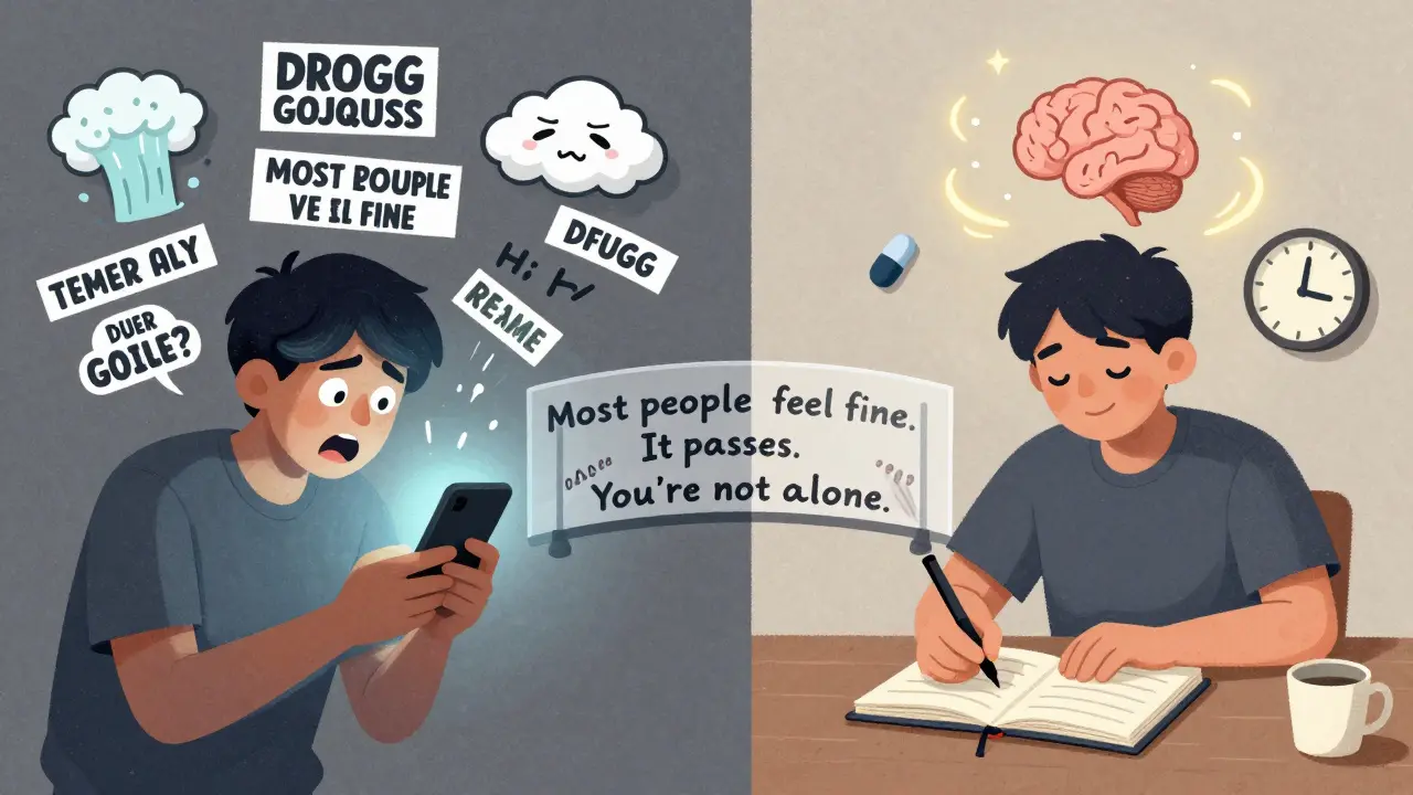 A split scene: one side shows anxiety from online research, the other shows calm journaling with a peaceful brain.