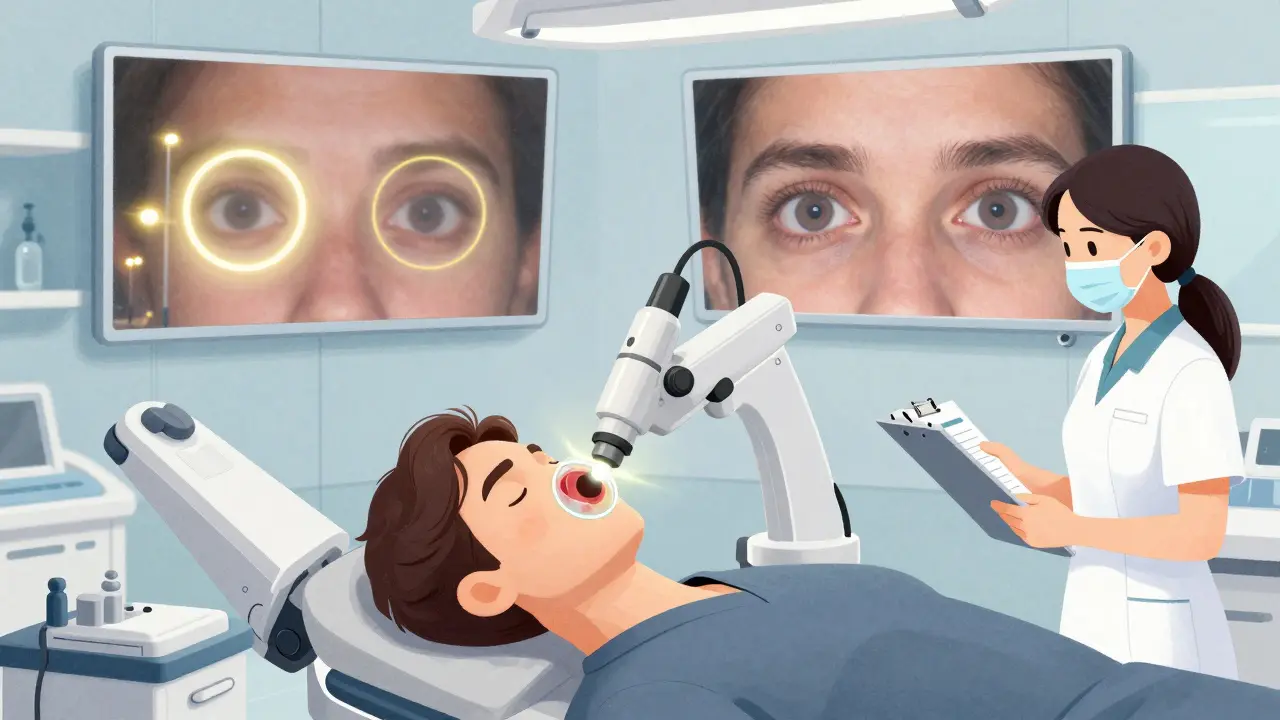 An adult receiving LASIK surgery with a laser reshaping the cornea, showing before-and-after vision clarity.
