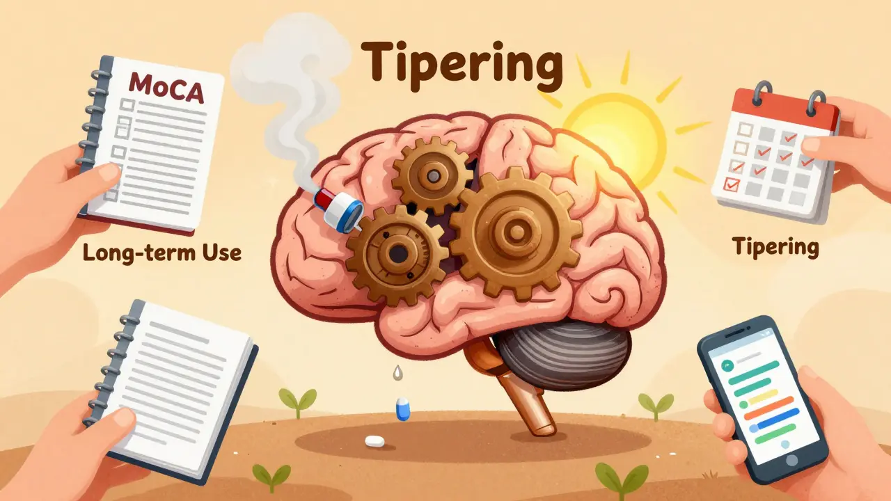 Brain shaped like car engine transitioning from sluggish smoke to smooth gears, with diazepam pills and recovery tools around it.