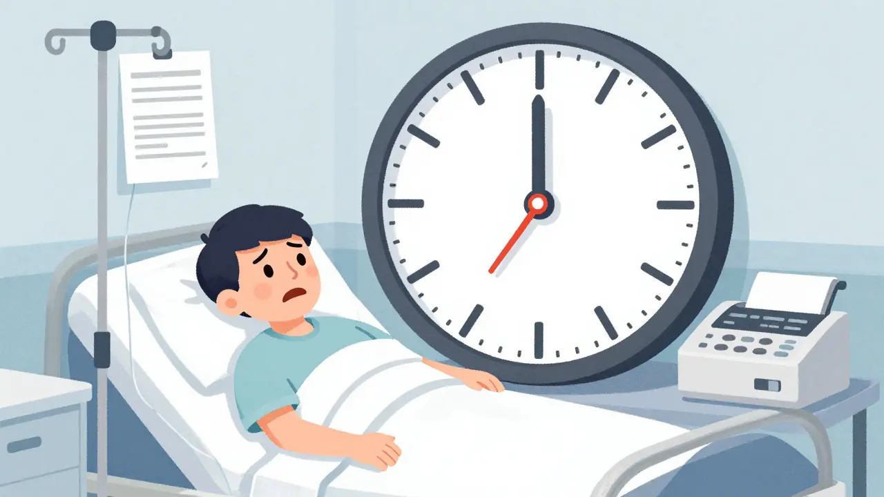 Diabetic patient in hospital bed with calendar showing delay