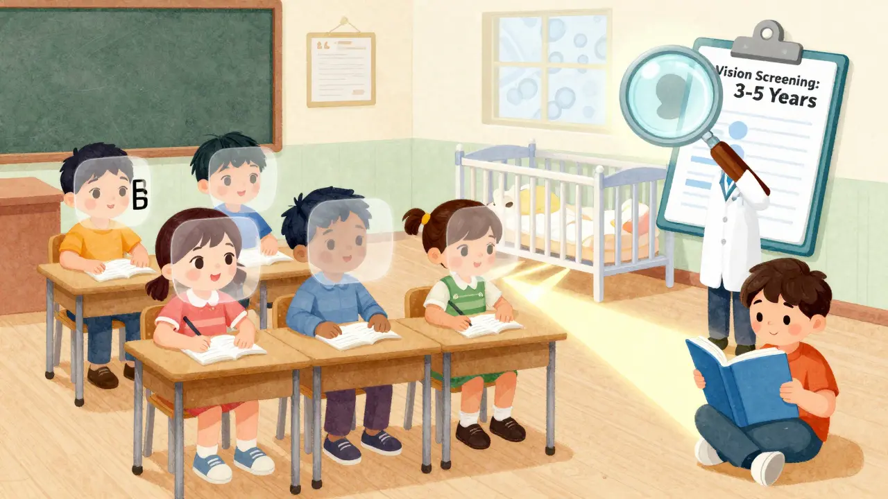 Diverse children with varying vision clarity, symbolizing impact of early screening.