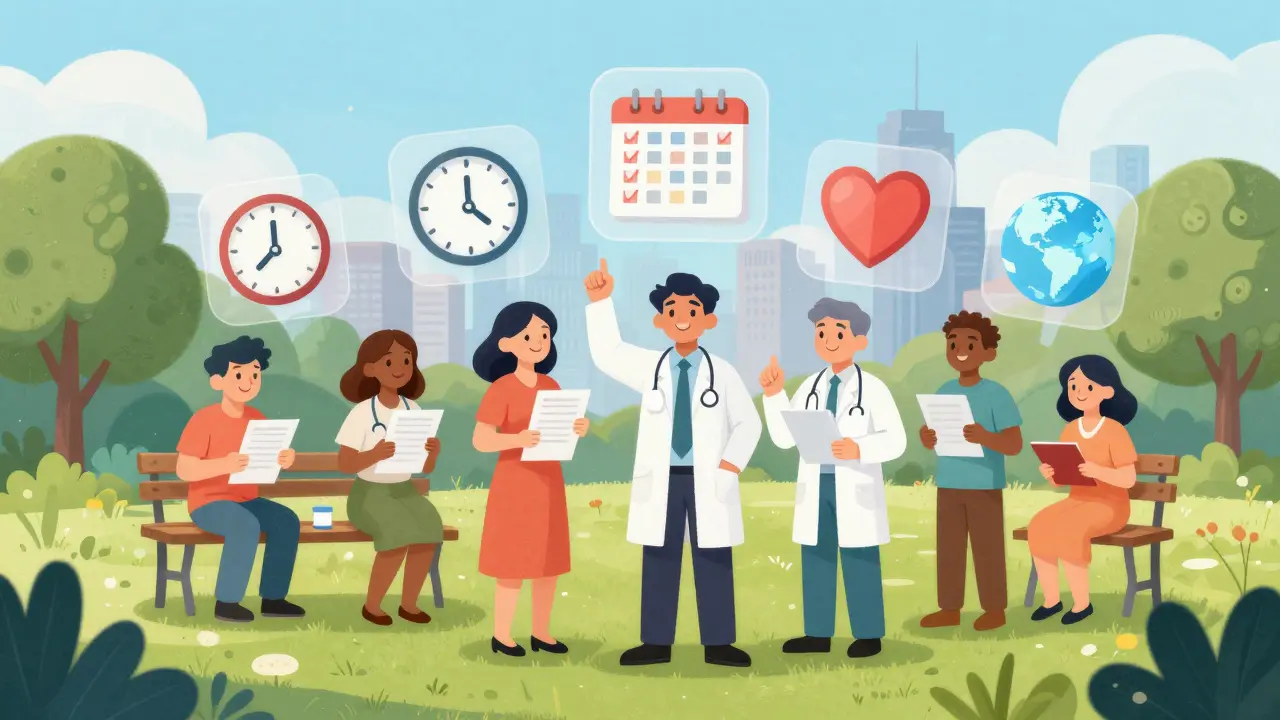 Diverse group of patients and providers enjoy outdoors with ANC monitoring icons floating above.