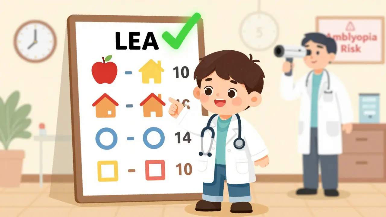 Four-year-old child identifying LEA symbols on vision chart during screening.