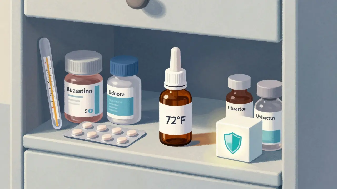 Medications safely stored in an amber bottle inside a cool, organized medicine cabinet.