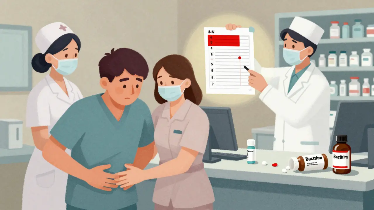 Patient in ER with nurse, pharmacist checking high INR chart, dangerous antibiotics on counter.