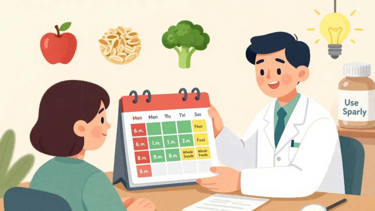 Pharmacist showing color-coded schedule for meds and fiber, with healthy foods in background.