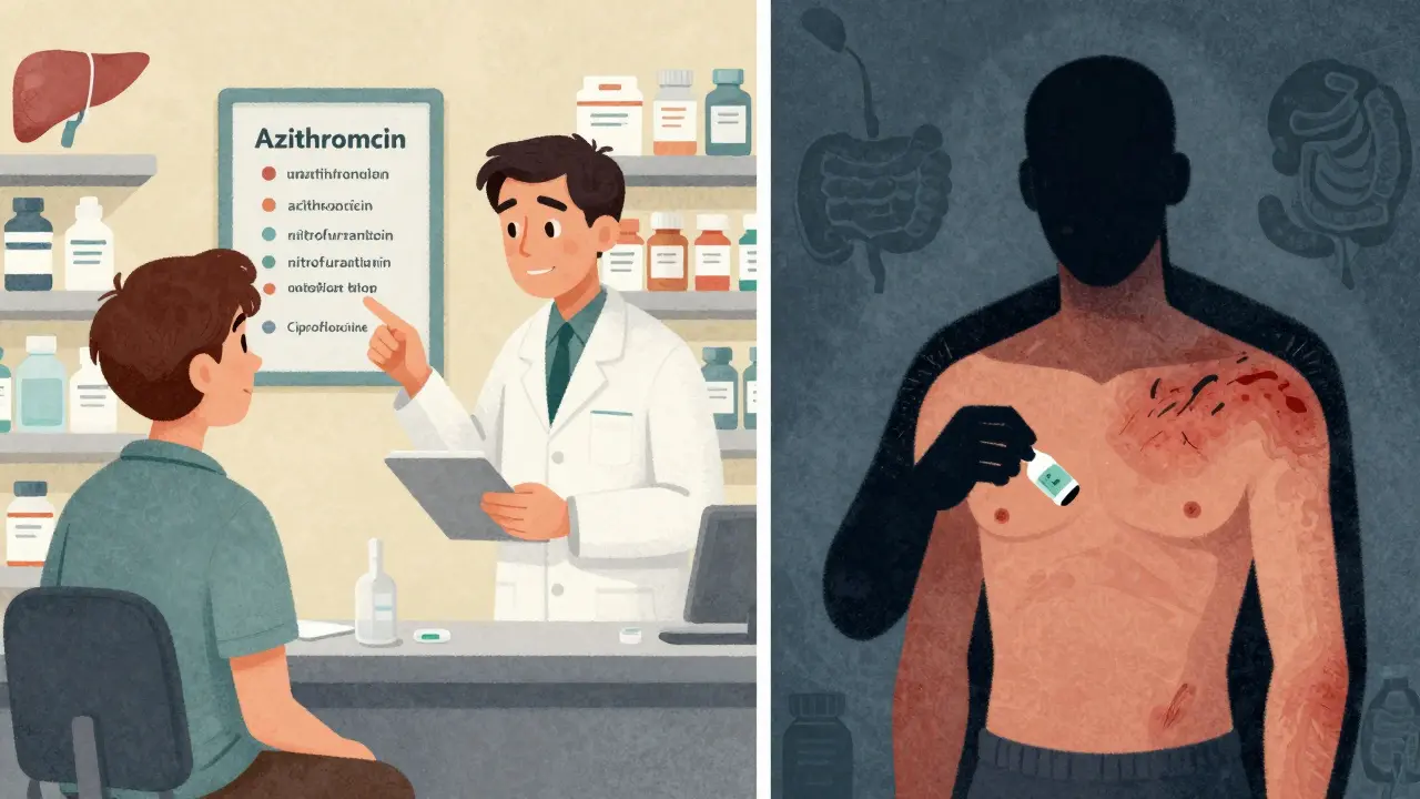 Split scene: patient safely consulting pharmacist vs. another taking risky antibiotic with bruising.