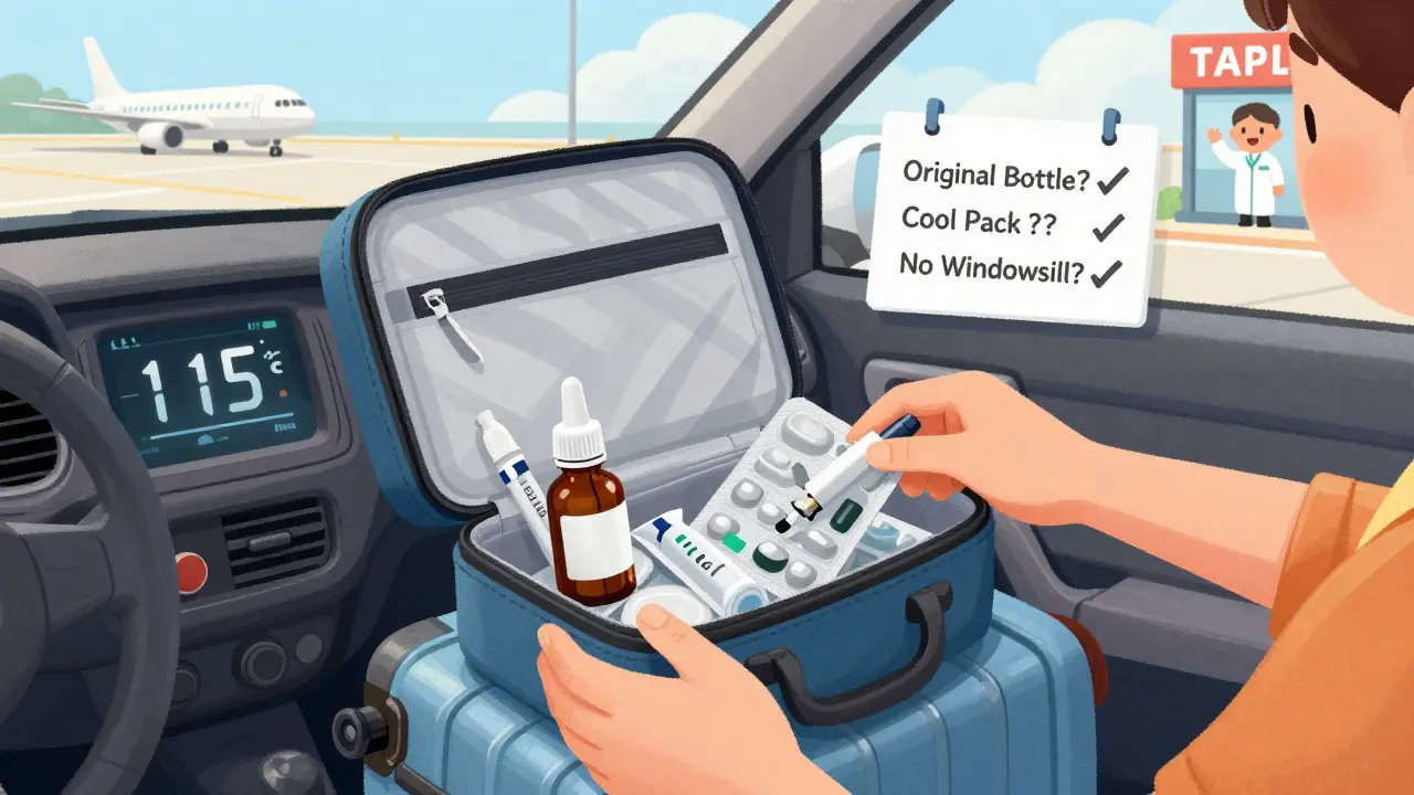 Traveler packing light-sensitive meds in a UV-protective bag with temperature warning.