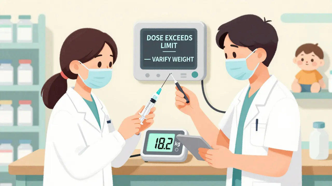 Two healthcare workers double-checking a child's medication dose using a digital weight readout in a hospital pharmacy.
