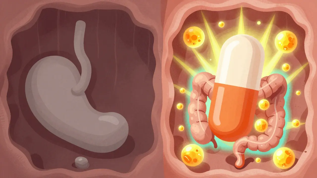 Two pills side by side: one inactive in an empty stomach, one active with fat droplets and absorption rays.