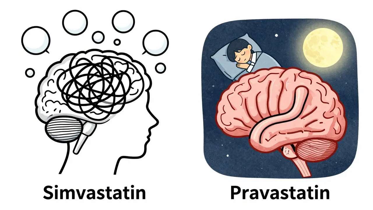 Two statin pills shown side by side: one affecting the brain with chaotic dream symbols, the other flowing harmlessly through the bloodstream.