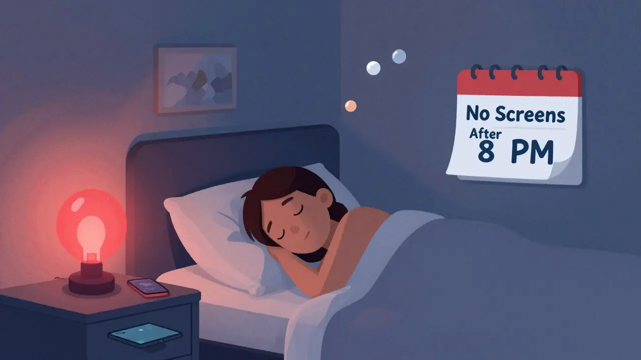 A dimly lit bedroom at night with red lighting and devices stored away, protecting natural melatonin production.