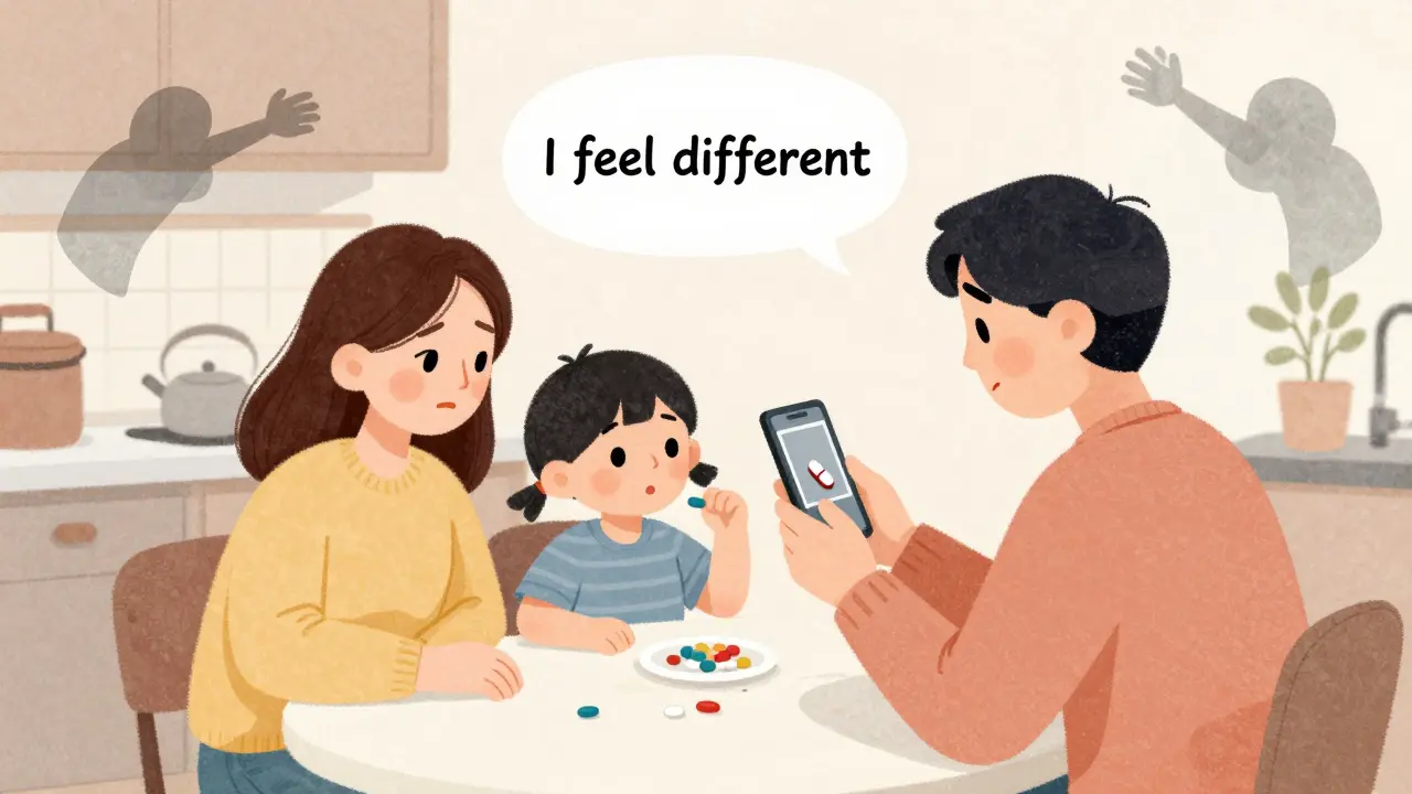 A family at a kitchen table, a child refusing a pill while a parent shows a photo of the original medication.