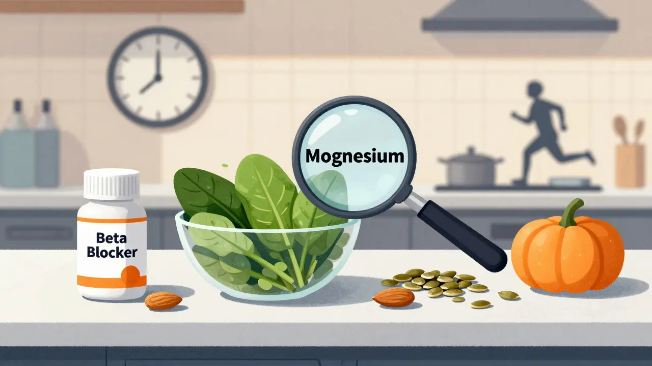 A healthy breakfast with magnesium-rich foods beside a blood pressure medication, emphasizing diet's role in sleep health.