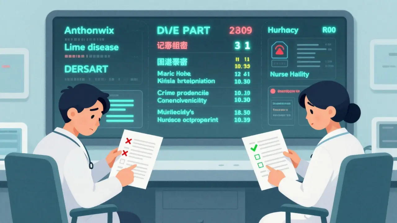 A hospital dashboard shows automated reports with one incomplete form marked in red.