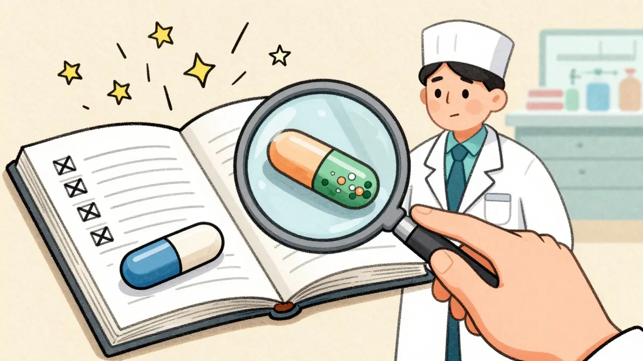 A neurologist examining pills under a magnifying glass, with a seizure diary and blurred pharmacy in the background.