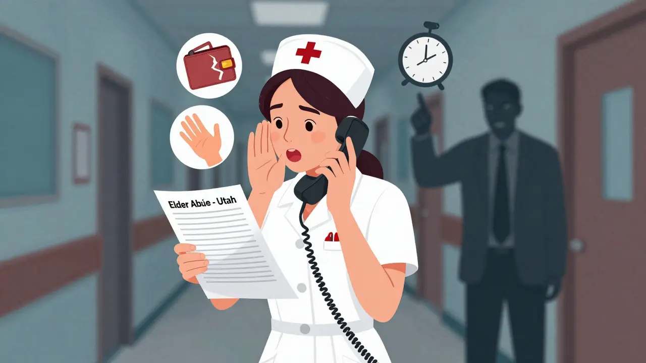 A nurse reports elder abuse with a ticking clock and workplace pressure looming behind her.