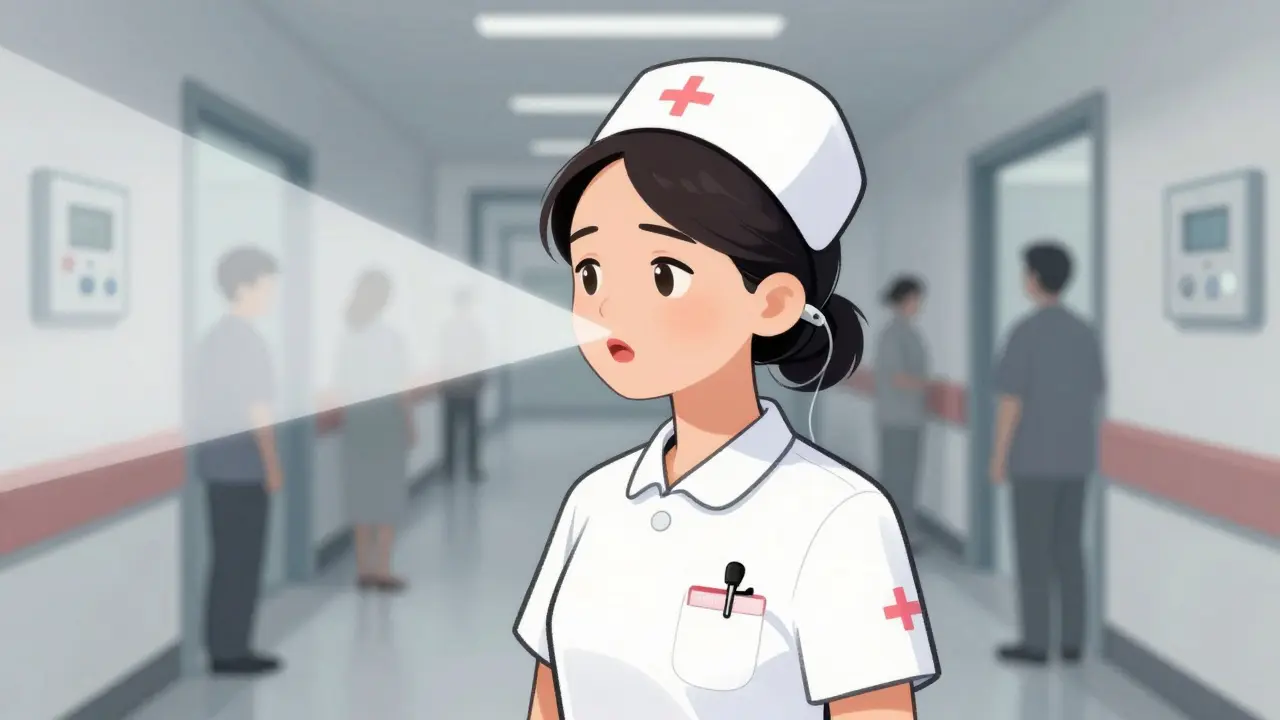 A nurse wearing a hearing aid with a small microphone sending clear speech signals, while hospital noise fades away around her.