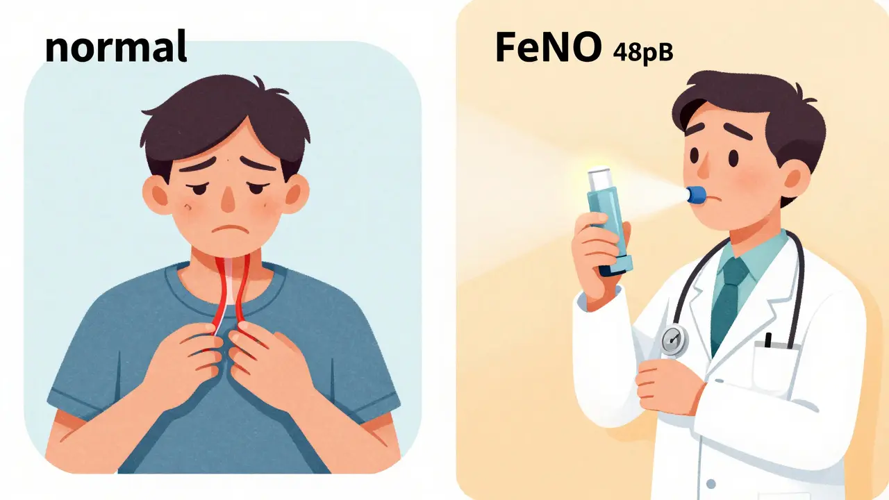 A split illustration comparing a patient with misleading spirometry results versus clear FeNO-guided asthma diagnosis.