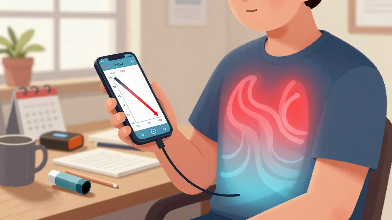An adult using a smartphone-connected FeNO device at home, with a graph showing improving asthma inflammation levels.