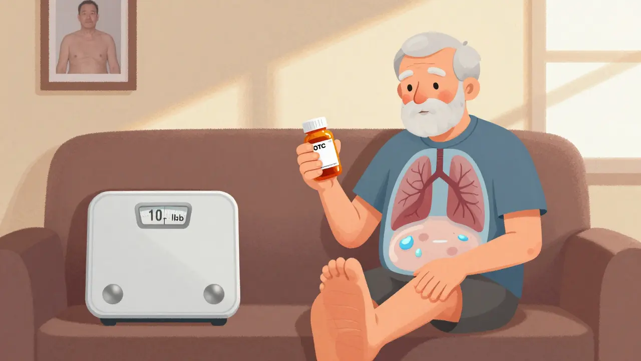 An elderly man with swollen ankle holding NSAID bottle, scale showing sudden weight gain.