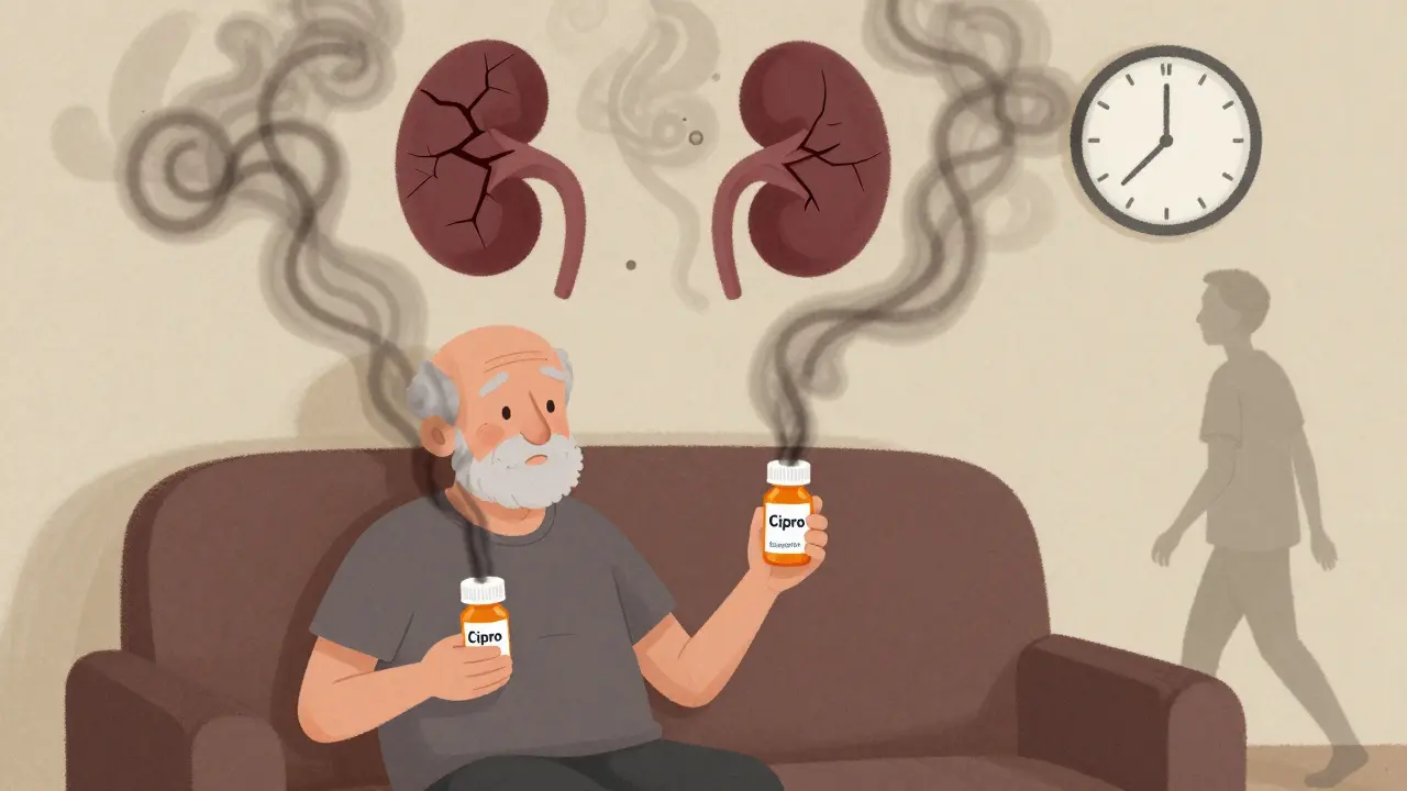 An elderly person holding antibiotic and painkiller bottles, with shadowy nerve and kidney damage rising as smoke above them.
