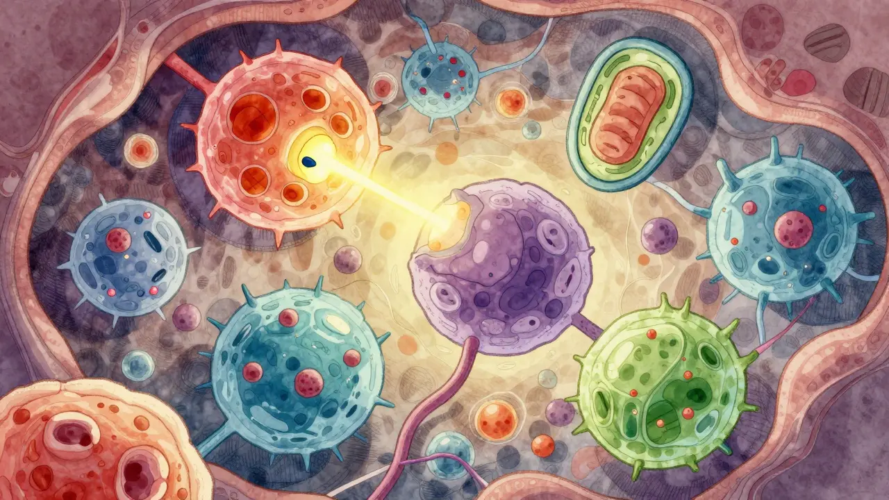 Artistic microscopic view of immune cells interacting with shield-like antibodies.