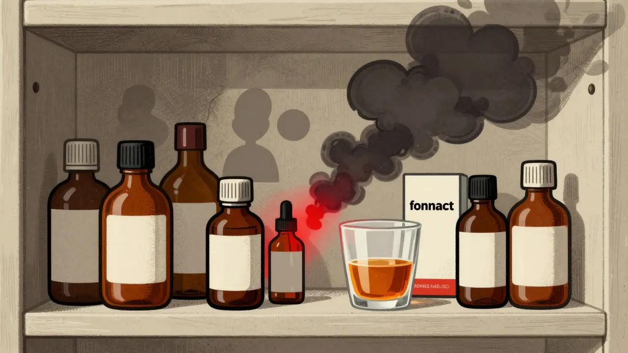 Cartoon art showing medicine bottles and alcohol mixing into a hazardous cloud.
