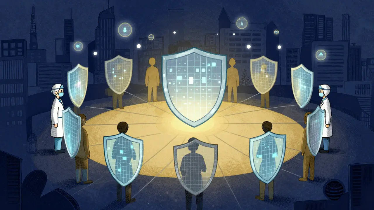 Community protected by abstract digital shields in a colorful textured drawing.