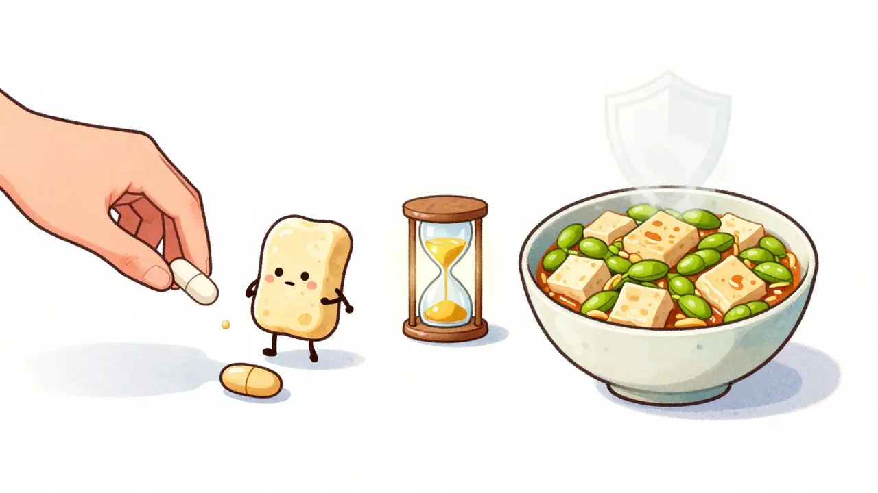 Daily routine showing thyroid pill and soy meals separated by a two-hour gap.