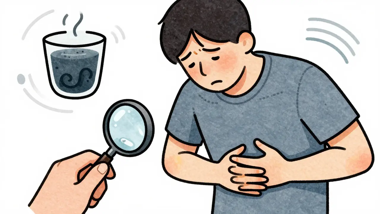 Fatigued figure clutching abdomen with warning signs floating nearby.