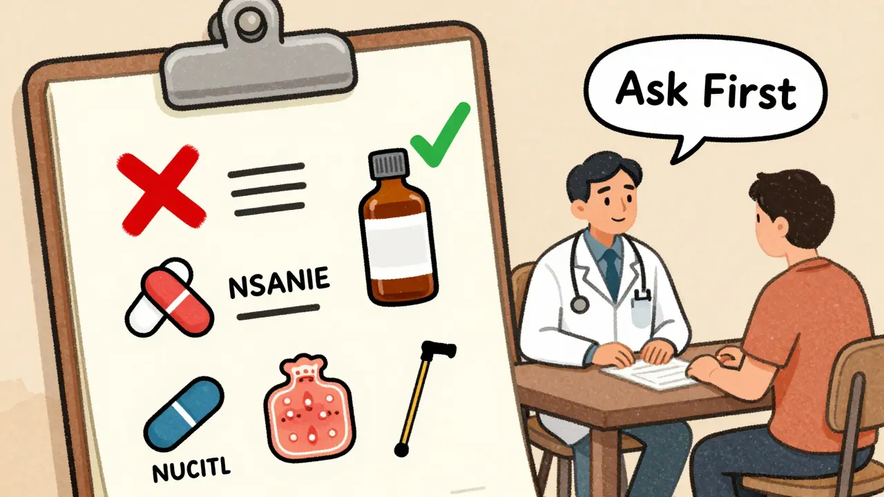 Medical chart with NSAIDs crossed out and acetaminophen plus non-drug pain relief options checked.