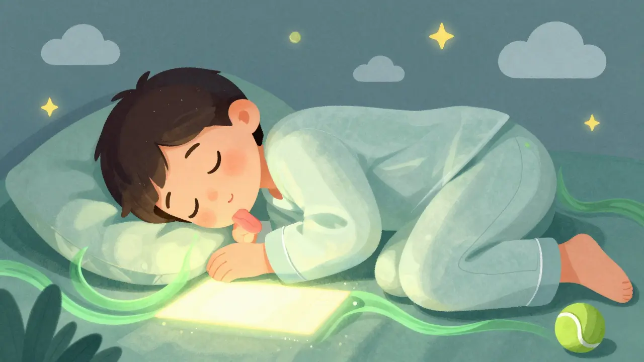 Person sleeping on side with open airway, glowing oxygen flow, and tennis ball in pajama back for positional support.